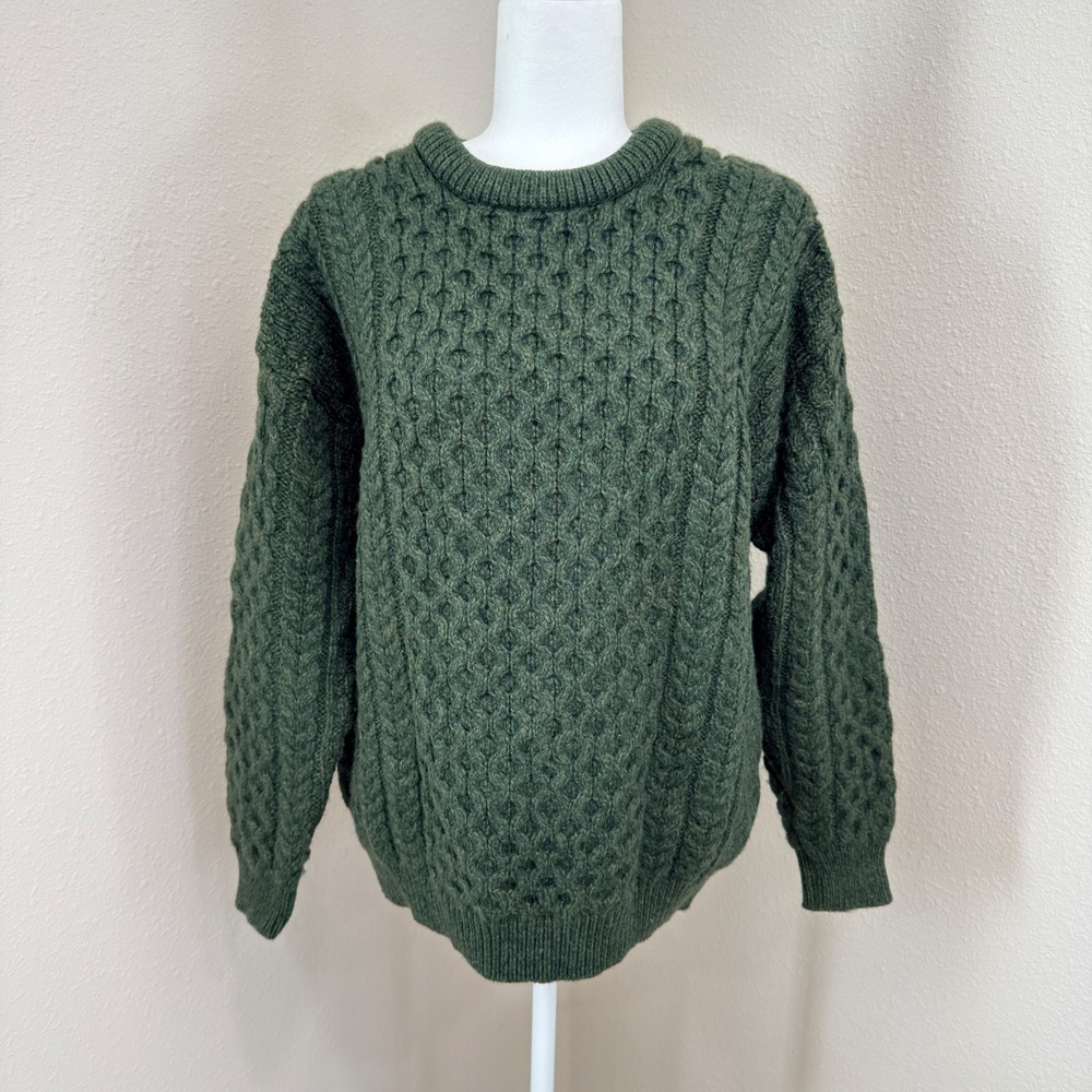 Aran Crafts Irish Merino Wool Sweater Large Green Cable Knit Cottagecore Vintage